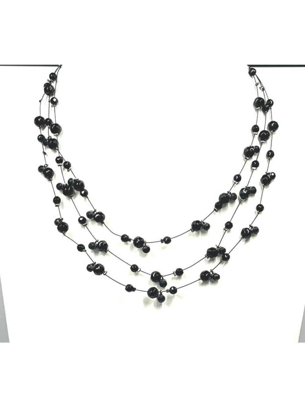Black Multi-Strand Beaded Necklace Illusion Floating Beads 15"L Silver Clasp